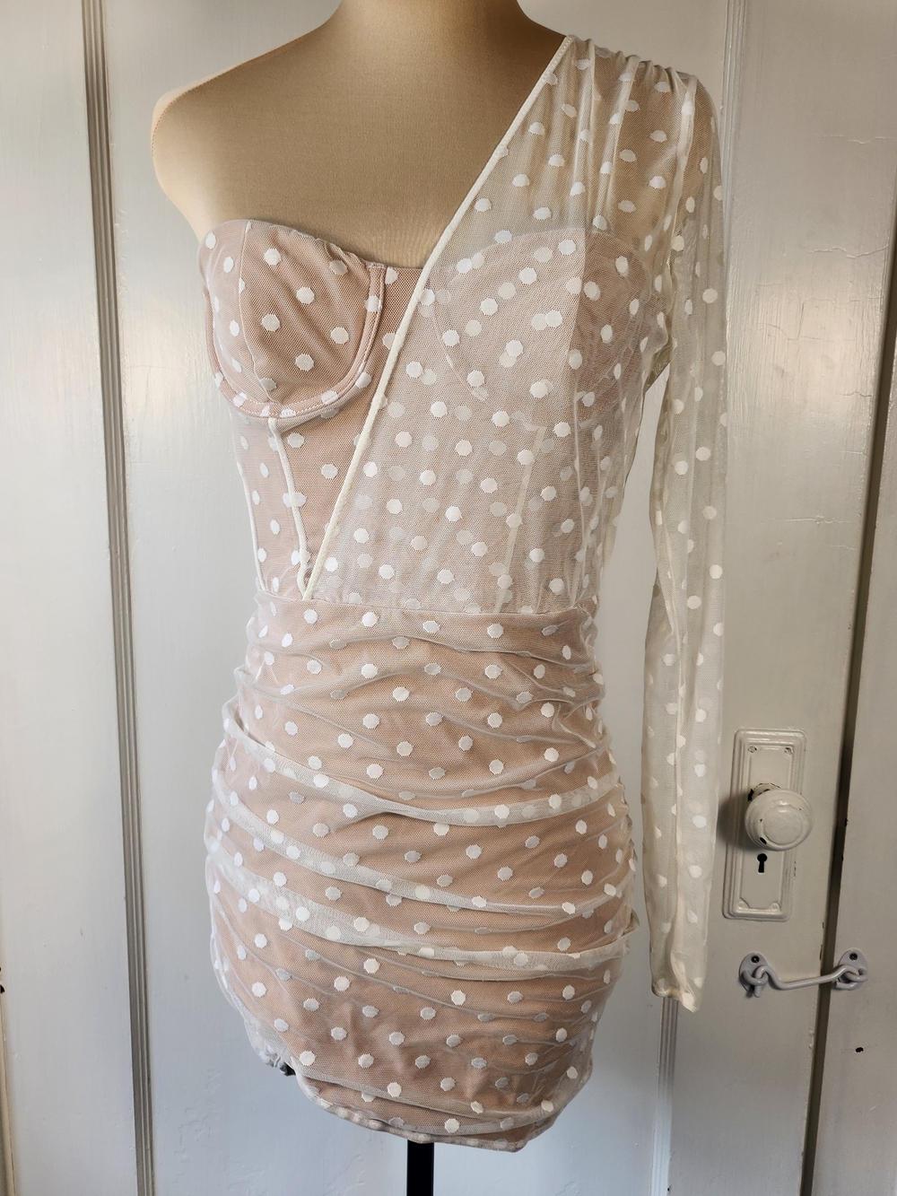 White Fox Sz S White One-Shoulder Polka Dot Mini Mesh Dress
